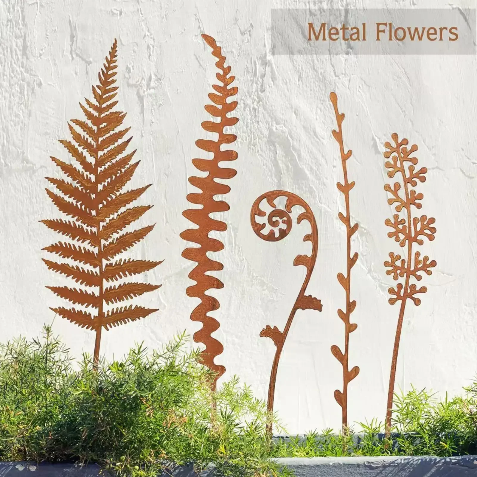 5 pieces Rusty Fern Leaves Garden Stake Metal Bouquet Rusted Metal Plant Stake Outdoor Garden Art Home and Garden Decor Ornament