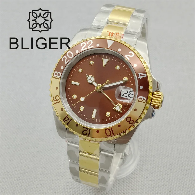 BLIGER Luxury Two-tone Rootbeer GMT Watch For Men NH34A Movement 40mm Yellow Gold Case Sapphire Glass Brown Dial Green Luminous