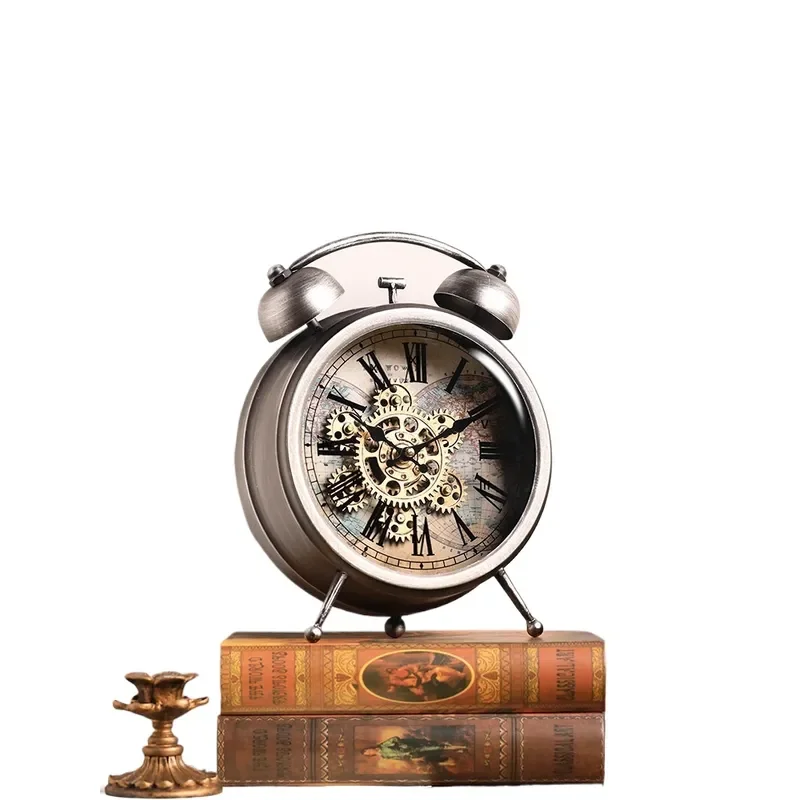 Retro Gear Mechanical Clock Metal Seat Clock Living Room American Pendulum Alarm Vintage Clockwork Desktop Ornament