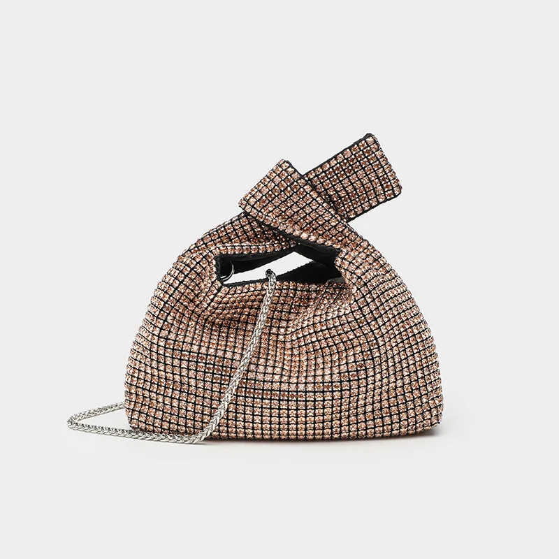 Blingbling Rhinestone Evening Bags Women's Trendy Classic Knotted Bucket Wrist Bags Cross Shiny Diamond Handbag Sacs De Soirée