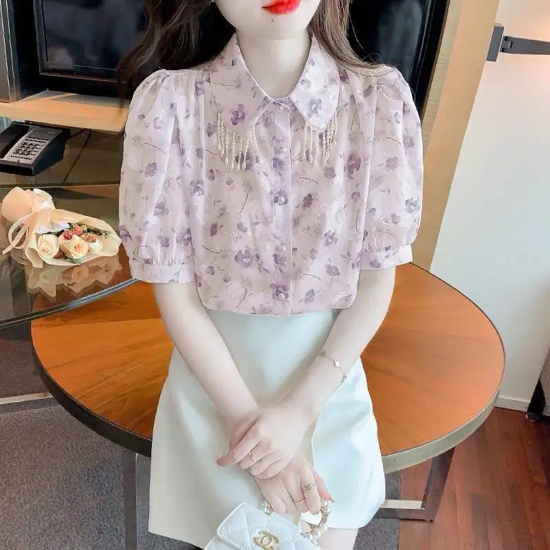 

Lapel Chiffon Blouse Women Summer 2025 New Fashion Short Sleeve Top Stylish Versatile Shirt