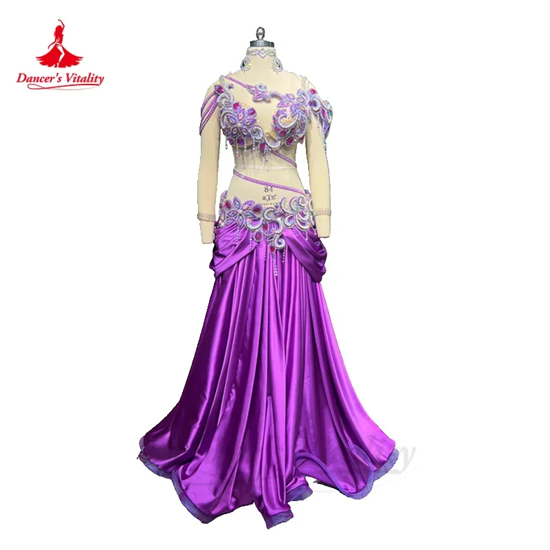 

Belly Dance Costume Set for Women Senior AB Stones Bra+satin Long Skirt 2pcs Custom Oriental Belly Dancing Performance Outfit