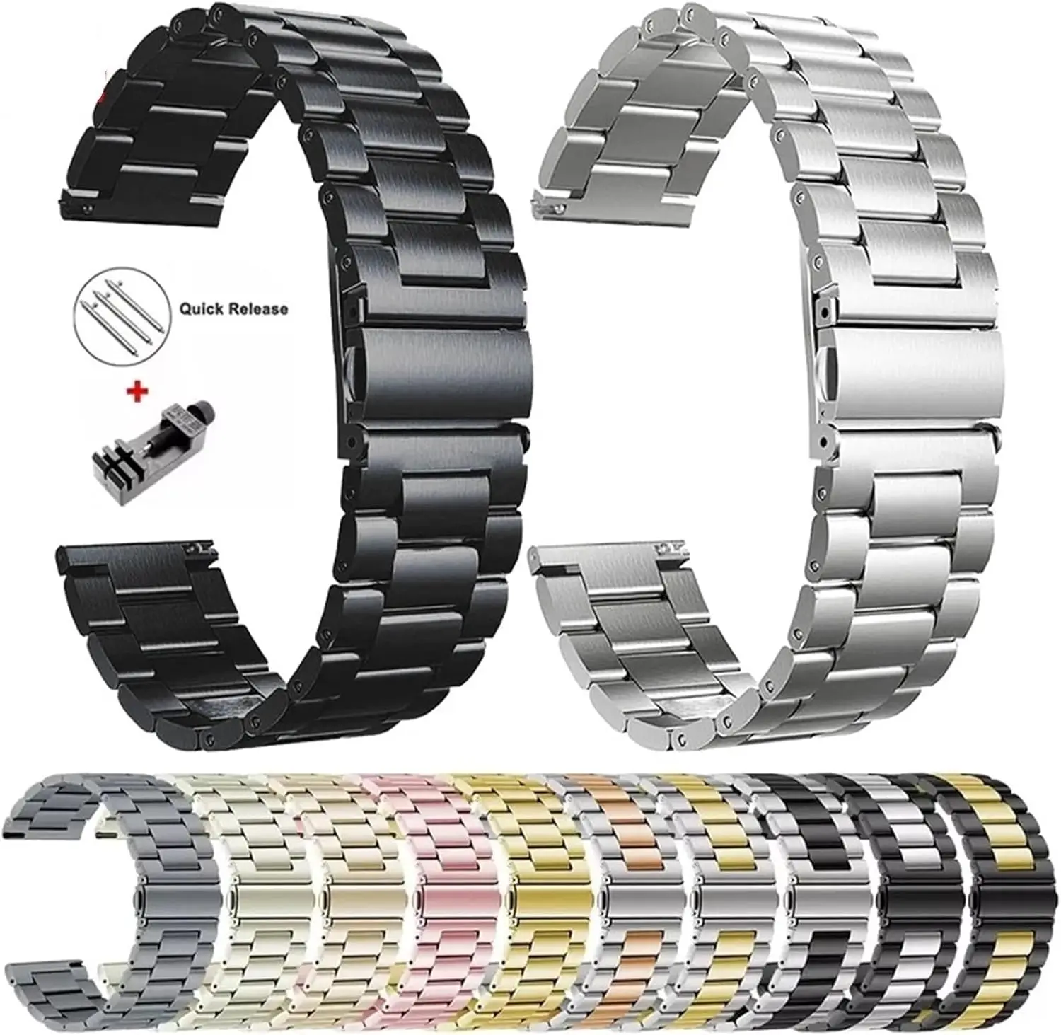 20mm 22mm Stainless Steel Strap Classic Metal Band Three-bead Solid Metal Stainless Steel Sports Band