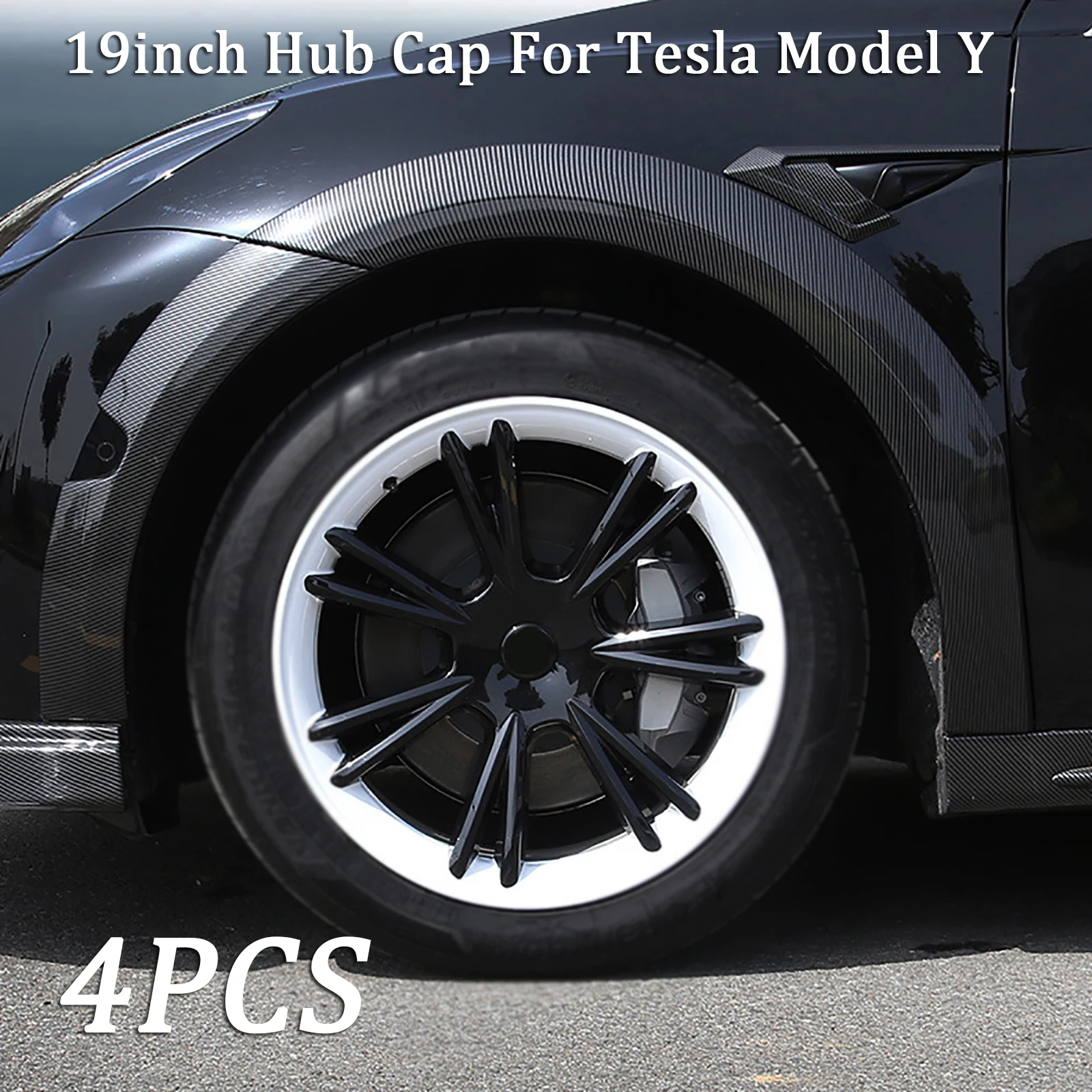 4PCS 19inch Car Hub Caps Wheel Hub Cover Cap Black & White Wheel Rim Cover Protection For Tesla Model Y 2020-2021