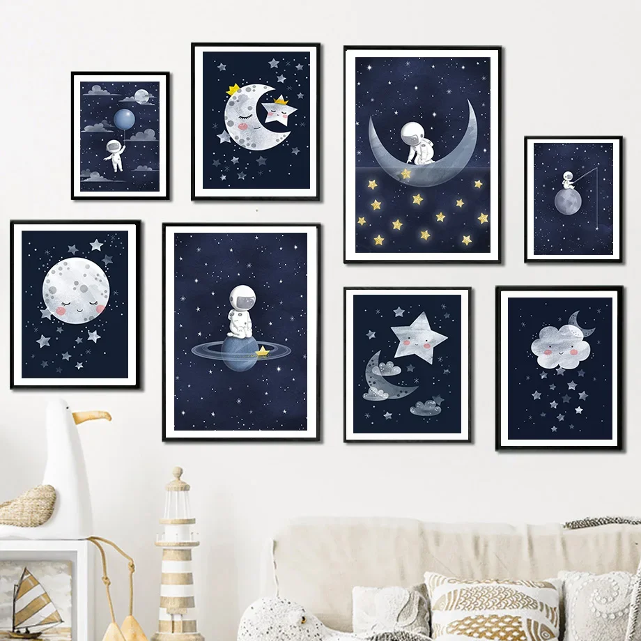Espacio astronauta Luna estrellas planeta nube galaxia cuadro sobre lienzo para pared carteles nórdicos e impresiones cuadros de pared decoración de la habitación de los niños