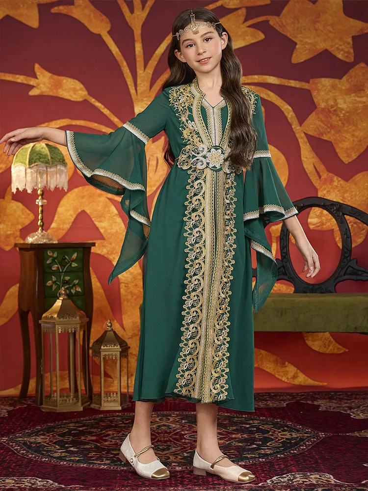 Elegante abito in chiffon arabo Dubai per ragazze manica svasata abito da festival saudita Abaya musulmano Marocco caftano Eid Djellaba Jalabiya