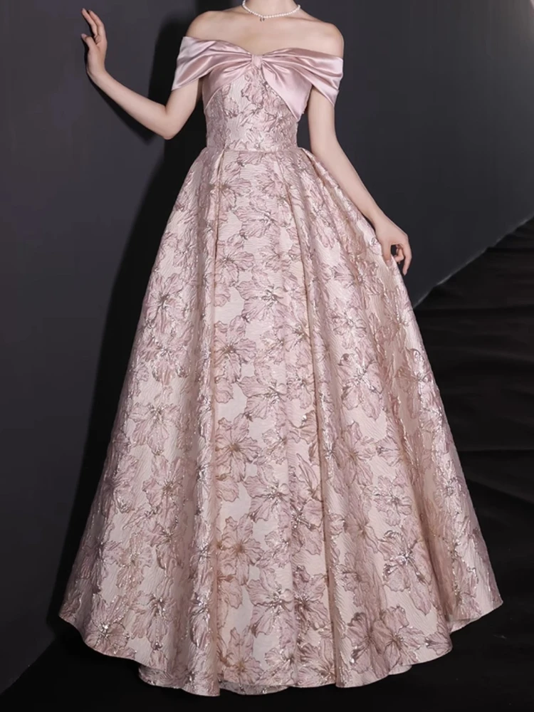 Customized Sweet Satin Slash Neck Cross Bow Design Formal Evening Dresses Exquisite Luxury Floral Print Slim Fit Vestidos Elegan