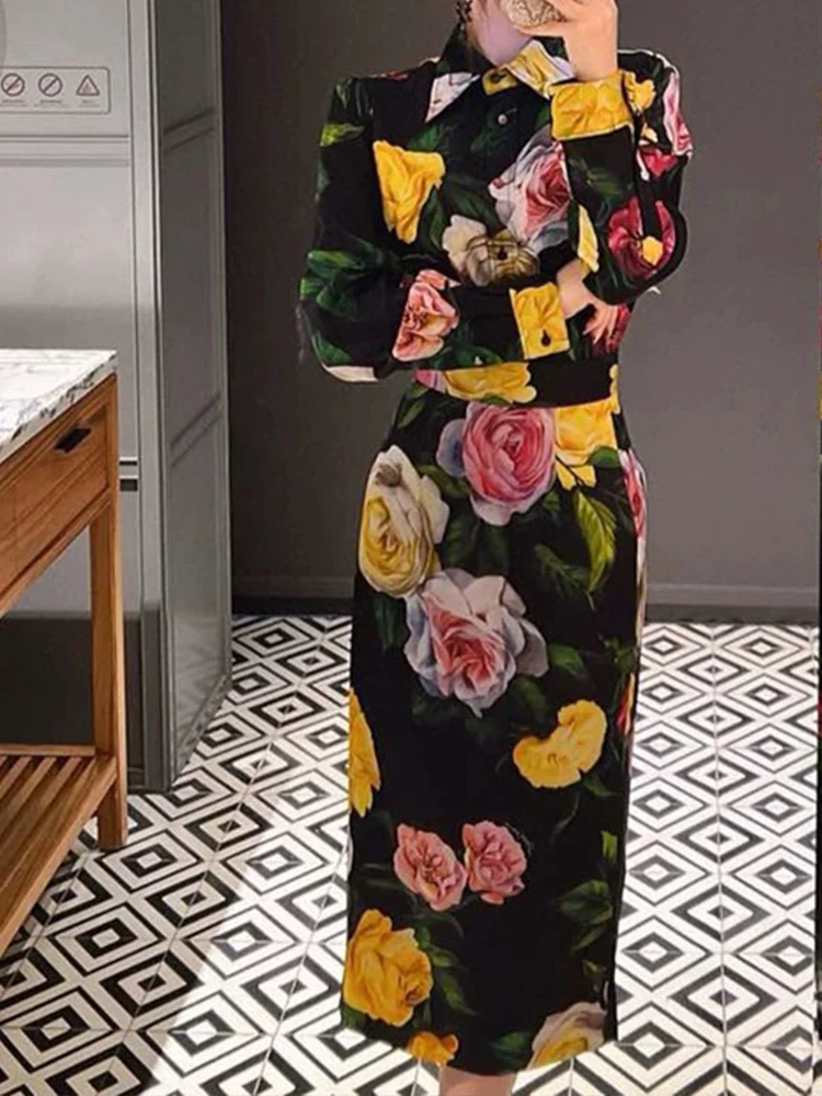 

Luxury spring new two-piece single-breasted long-sleeved printed shirt top+high waist slim skirt fashion two-piece women's suit