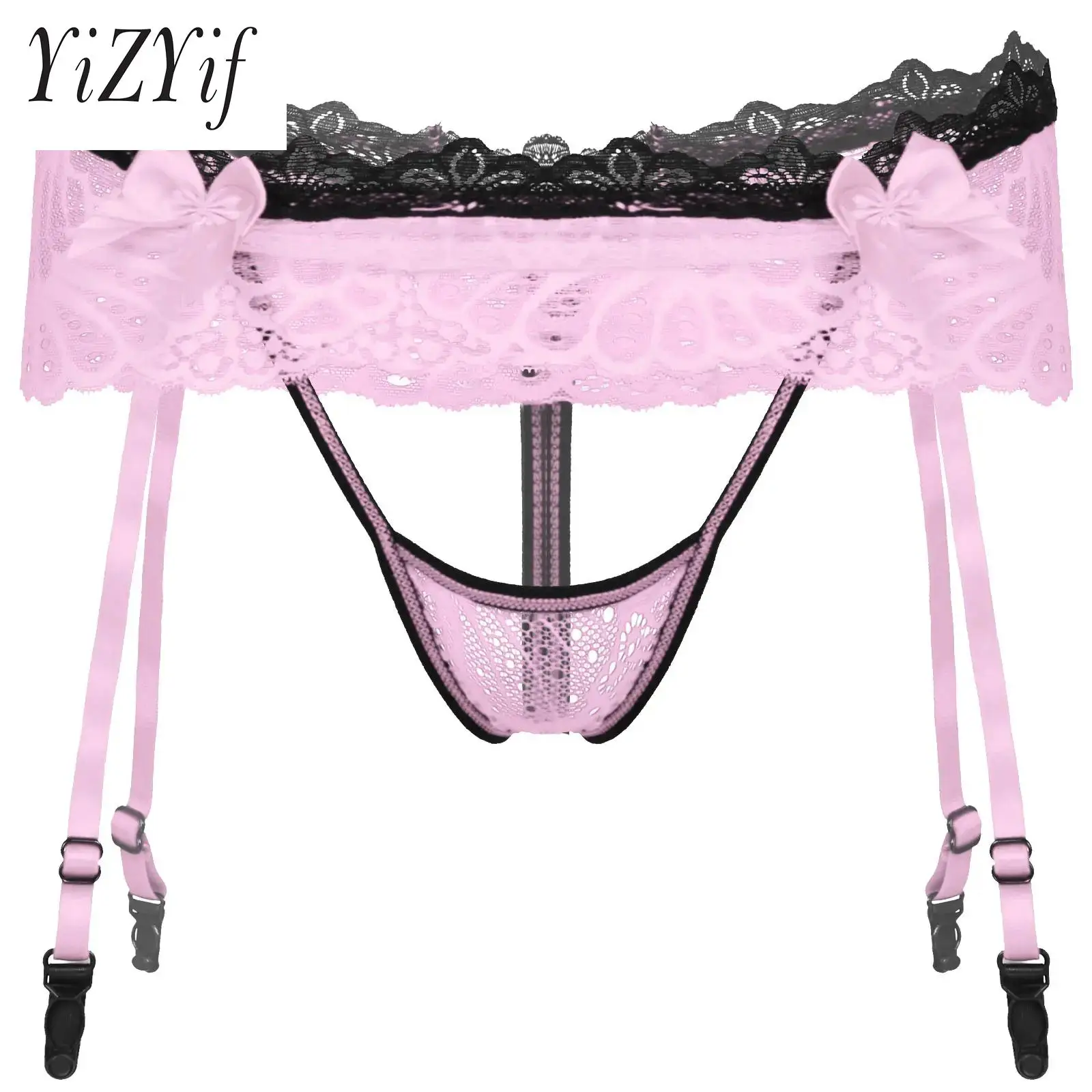 

Mens Sissy Underwear Hollow Out Erotic Panties Open Crotch Lace Thongs Bow Elastic Waist T-Back Adjustable Garter Belt G-String