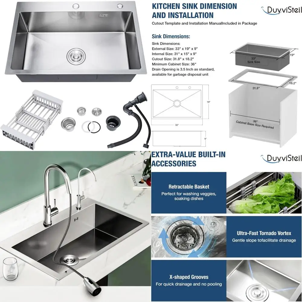 스테인리스 스틸 33인치 싱글볼 주방 싱크대 (배수구 포함) - 16게이지, 33x19x9 크기, 드롭인 스타일
