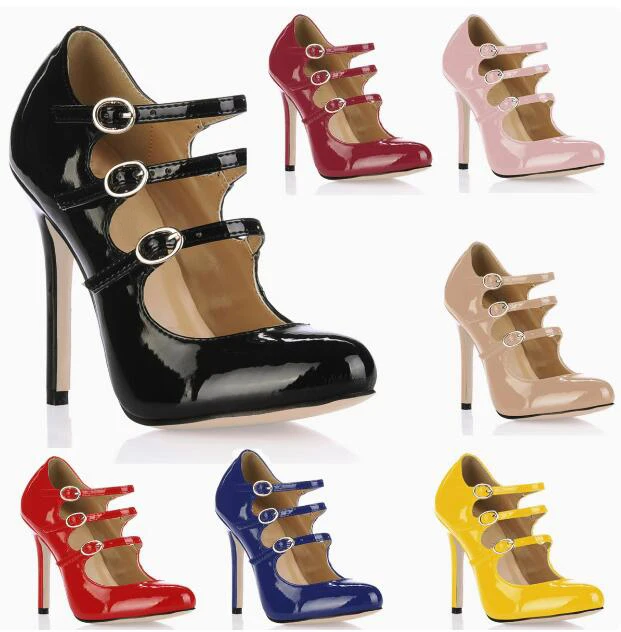 

Sexy Three Straps Buckle Pumps Super High Heels Pumps Solid Patent Leather Matte Women Outfit Night Club Party Shoes
