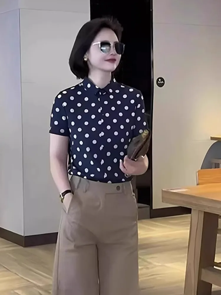 Chique Polka Dot Design Zomer Pendelen Sle Dames irt ort Sve Slim Fit Koreaanse versie Recht gesneden blouse met knopen