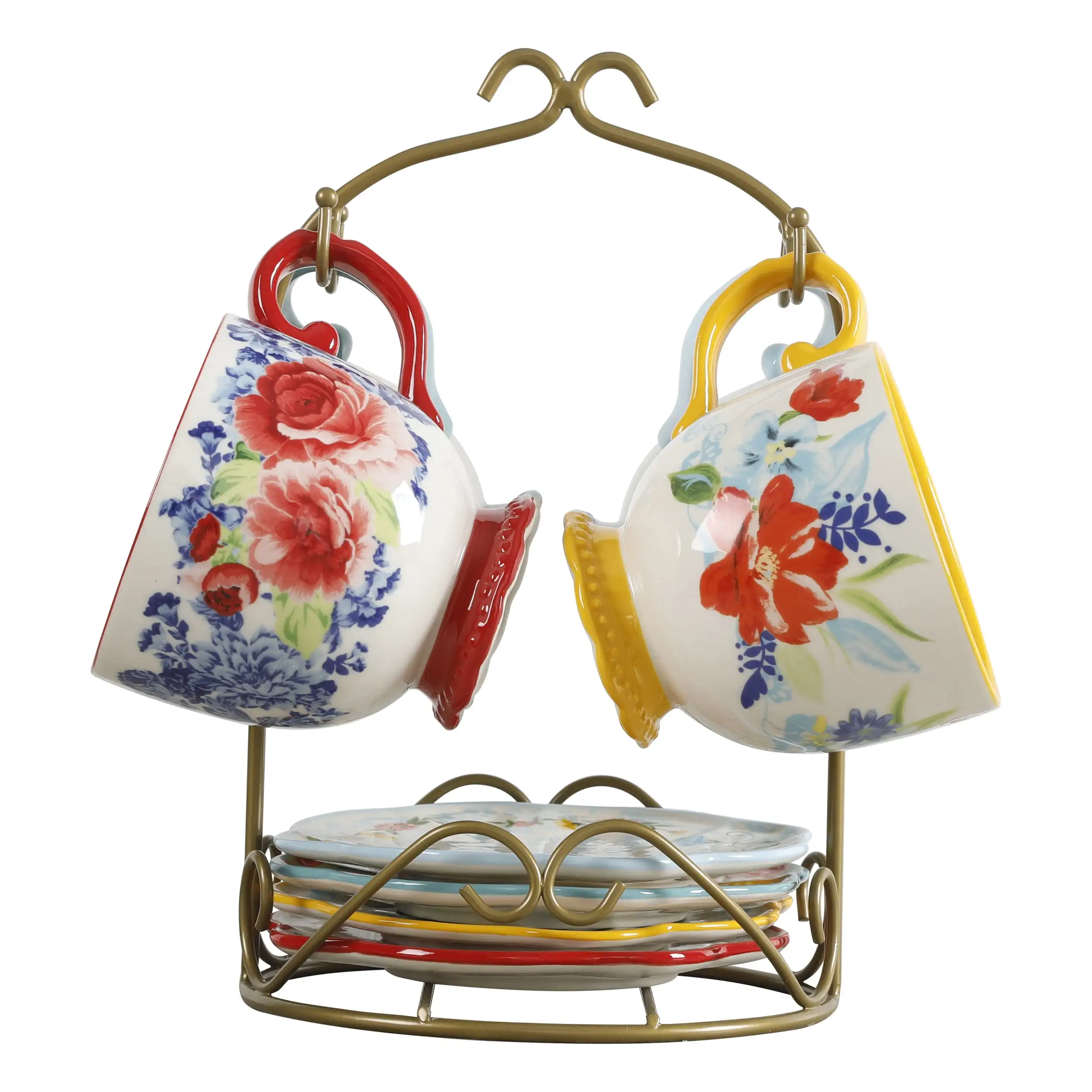 

Floral Medley Mug Rack with Appetizer Plates and Mugs, 9-Piece Set