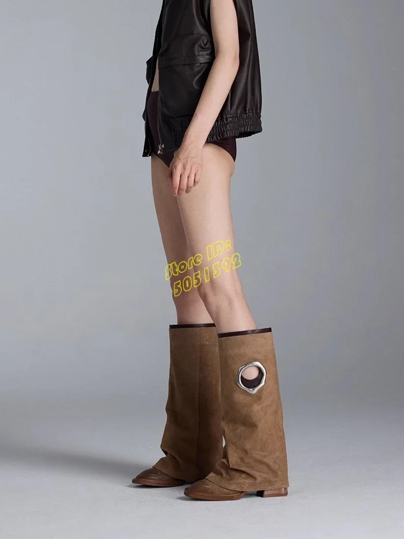Suede Holes Decor Knee High Boots Block Middle Heel Slip On Runway 2026 Women Winter Shoes Square Toe Tube Boots Turn Over