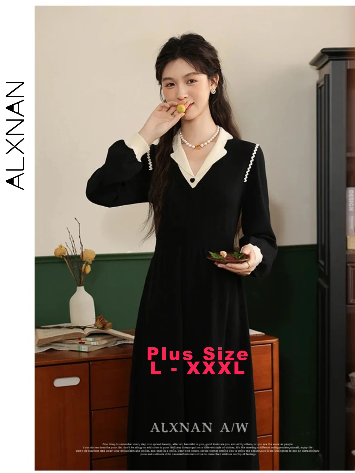 

ALXNAN Plus Size Black Spliced Dresses for Women V-neck Long Sleeve Heart Button Midi Dress Fall Winter Commuter Clothes DM00726