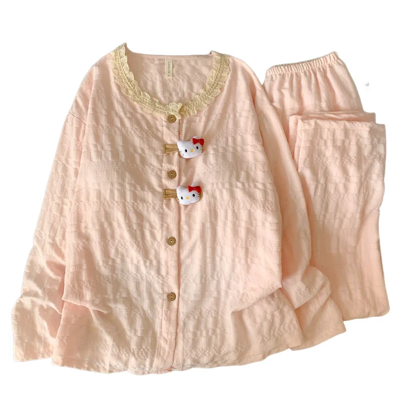 

Женский пижамный комплект больших размеров Hello Kitty 3D, комплект из 2 предметов, милый топ с длинными рукавами, струящиеся брюки, милые свободные наряды для женщин