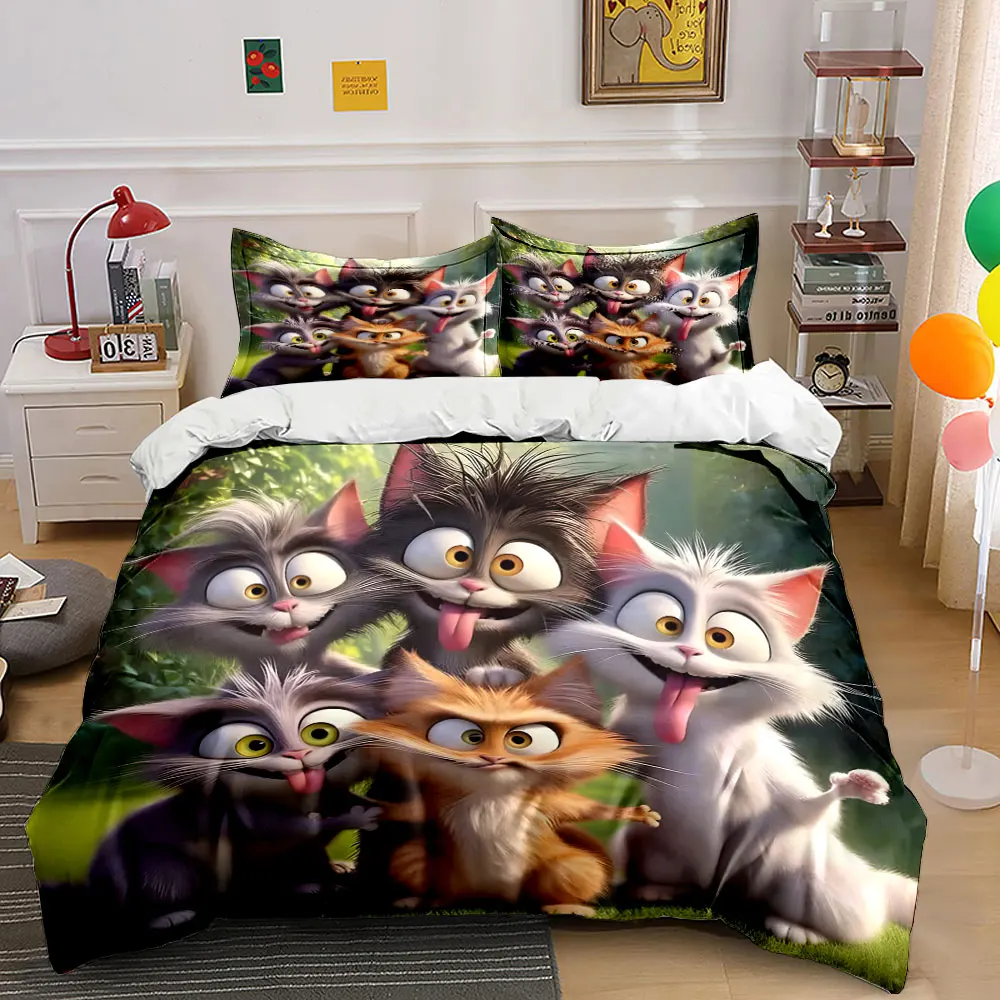 Playful cartoon cats group photo Printed Duvet Cover Set1 Duvet Cover+2 PillowcaseMulti Size Bedroom Bedding Decor