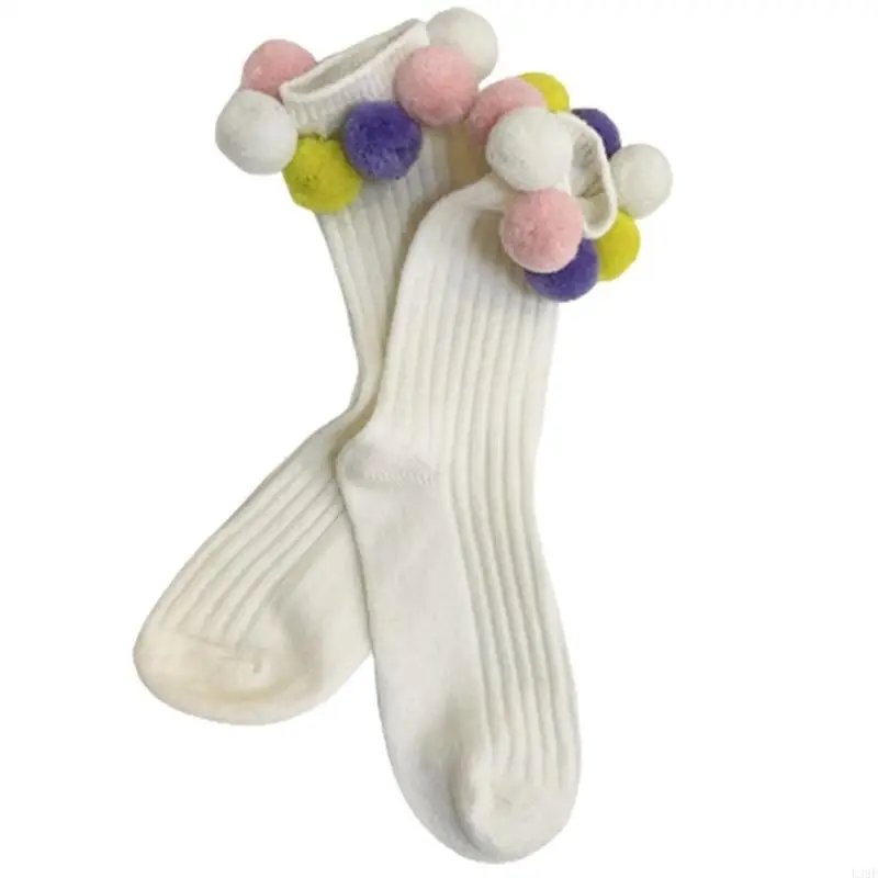 

L38E женские плюшевые гольфы с помпонами, черно-белые однотонные носки для экипажа, носки до середины икры