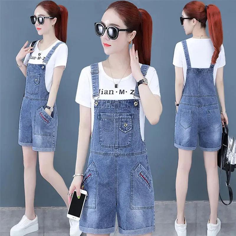 

Denim suspenders for female students, Korean version, loose, 2023 summer new style, perforated shorts, skinny Overalls