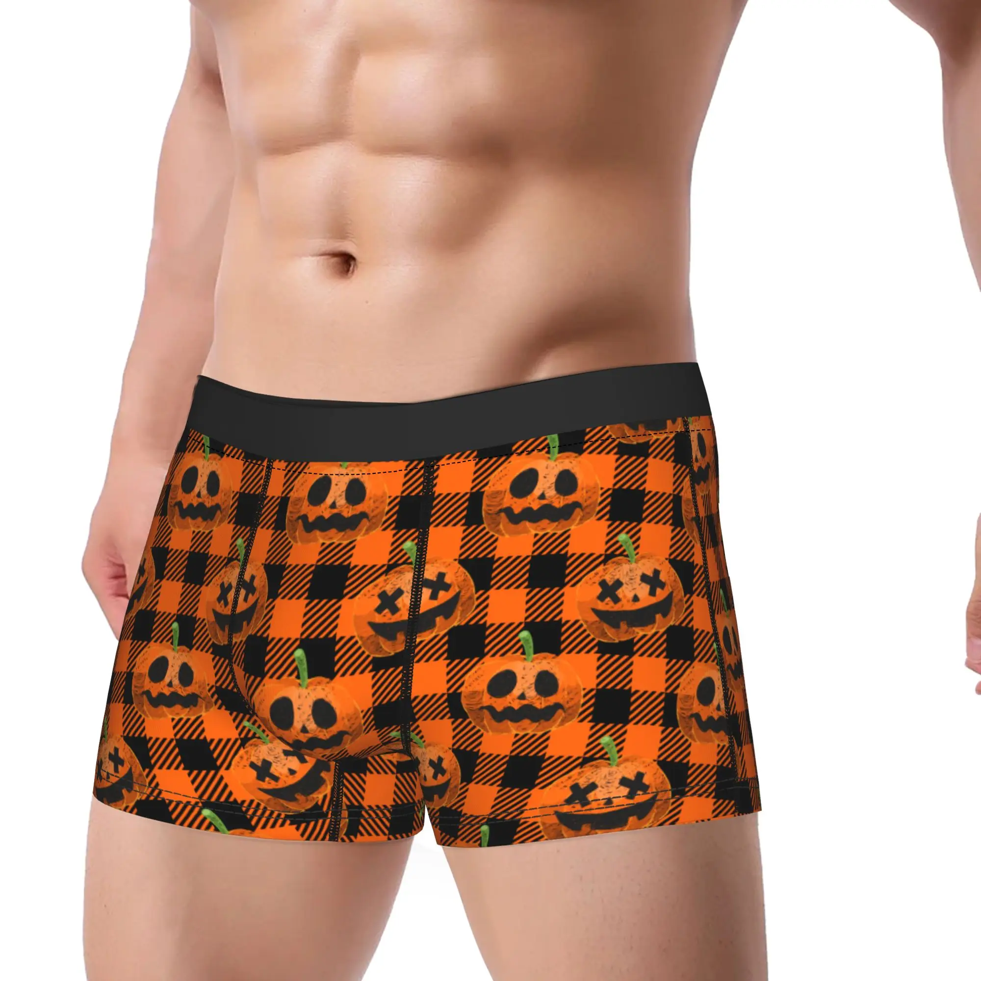Men Halloween Pumpkins Plaid Long Underwear  Humor Boxer Briefs Shorts Panties Male Breathable Underpants M-XXL