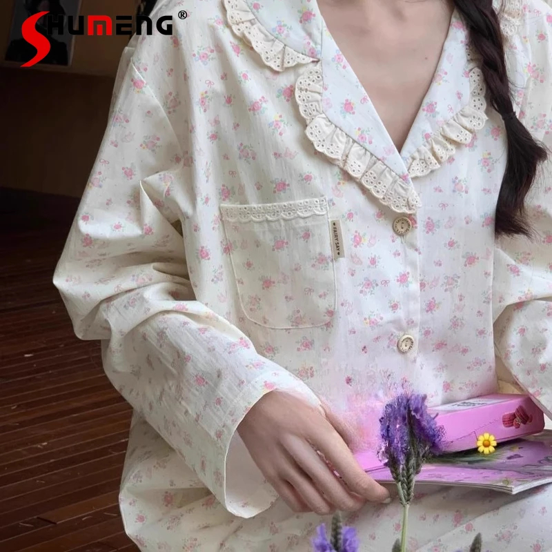 

Pure Cotton Sweet Pajamas for Women Spring Summer Floral Korean Style Homewear Set Female Japanese Style Lace Loungewear