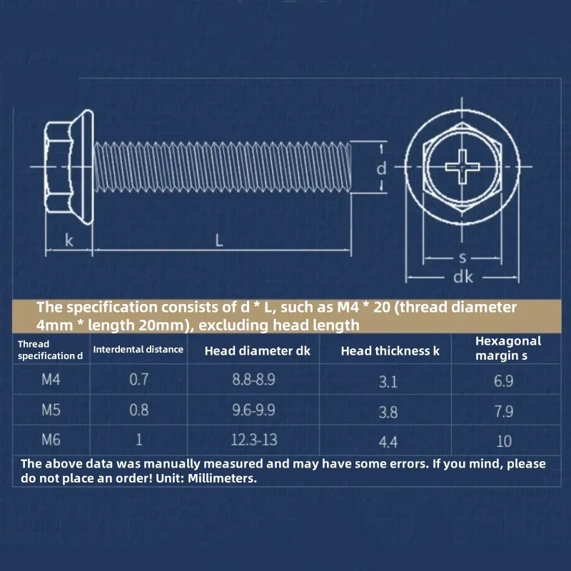 M4 M5 M6 Phillips Flange Bolts 304 A2-70 Stainless Steel Hex Head Phillips Screws 20/50/100Pcs Flange Screws L=6mm-40mm
