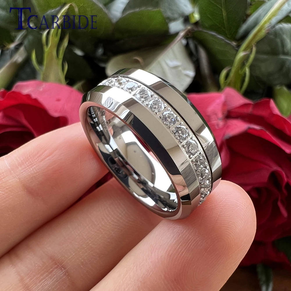 TCarbide 8mm Bright Cubic Zirconia rhinestones Tungsten Carbide Ring for Men Women Fashion Engagement Wedding Band Polish Shiny