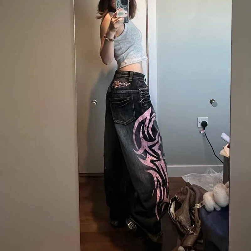 

Gothic Black Vintage Jeans Women American Streetwear Graphic Print Wide Leg Pants Ripped Washed Punk Harajuku Y2K Trousers