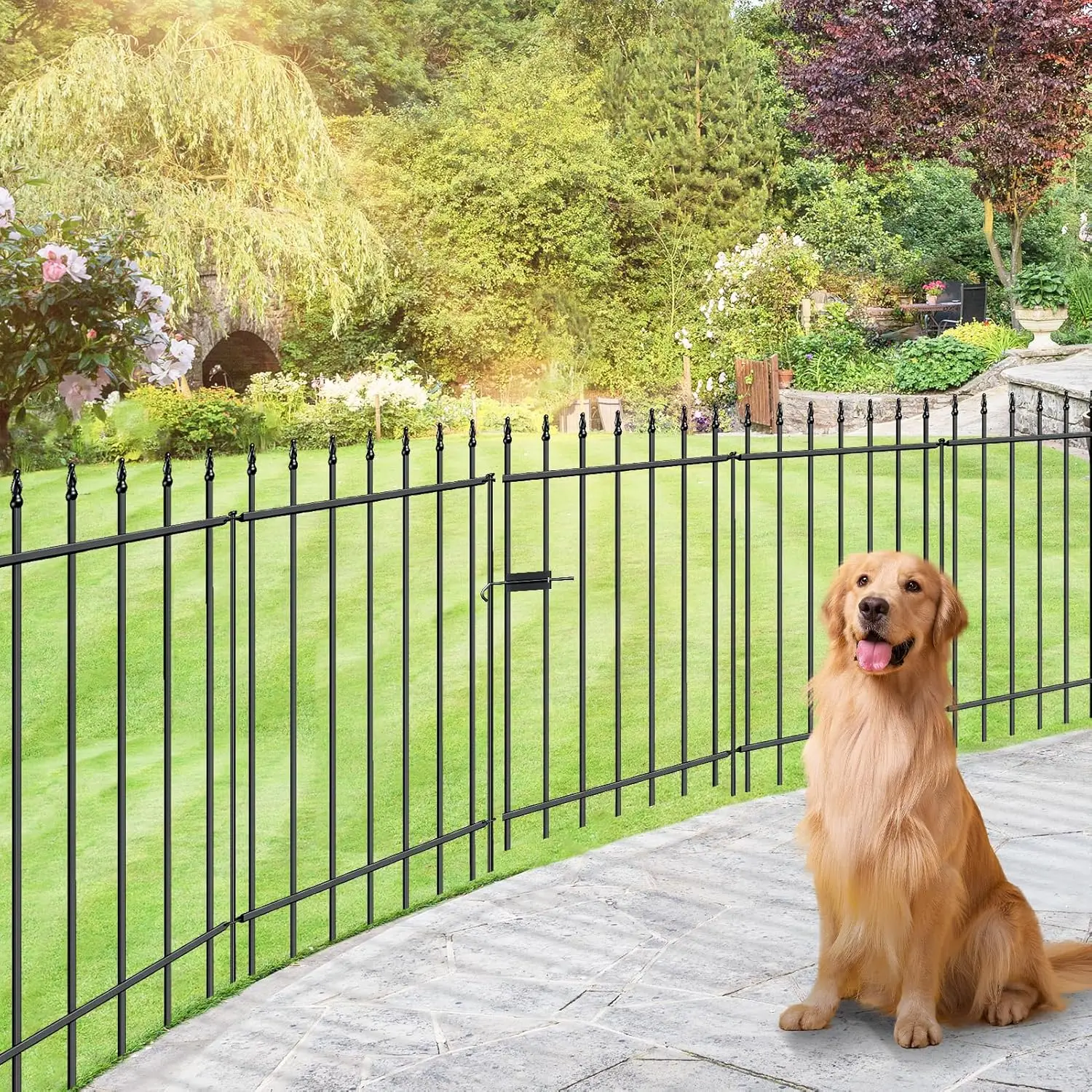 Metal Garden Fence with Gate 36 in H x 10 ft L, 1 Gate + 4 Panels Border Fence Panels Animal Barrier for Dogs