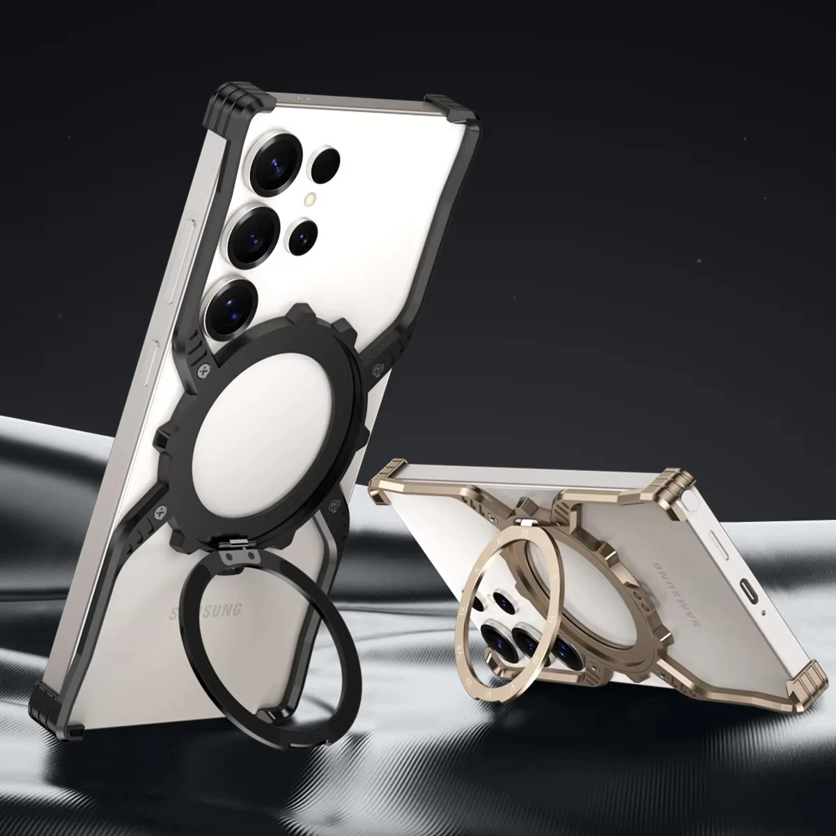 

Luxury Metal Magnetic Luminous Stand Phone Case For Samsung Galaxy S25 S24 S23 S22 Ultra Aluminum Hollow Rimless Bumper Cover