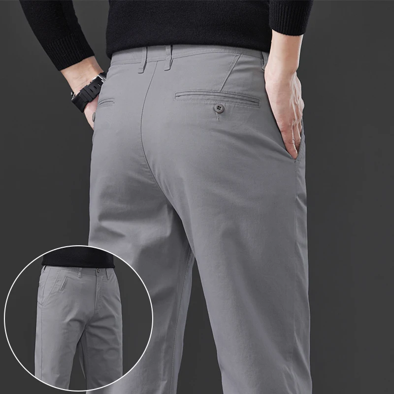 ผ้าฝ้ายยืดกางเกงผู้ชายตรงฤดูใบไม้ร่วงใหม่สีทึบคลาสสิกสบายๆแฟชั่น Slim เกาหลีกางเกงธุรกิจ