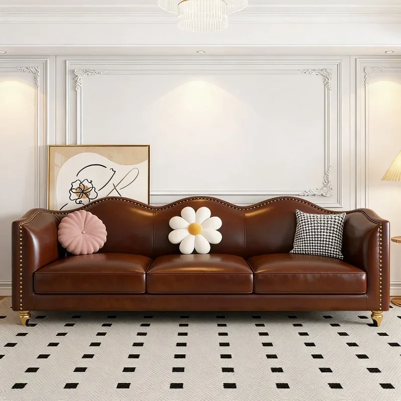 American retro brown leather sofa small apartment living room antique straight row living room four people three people medium a