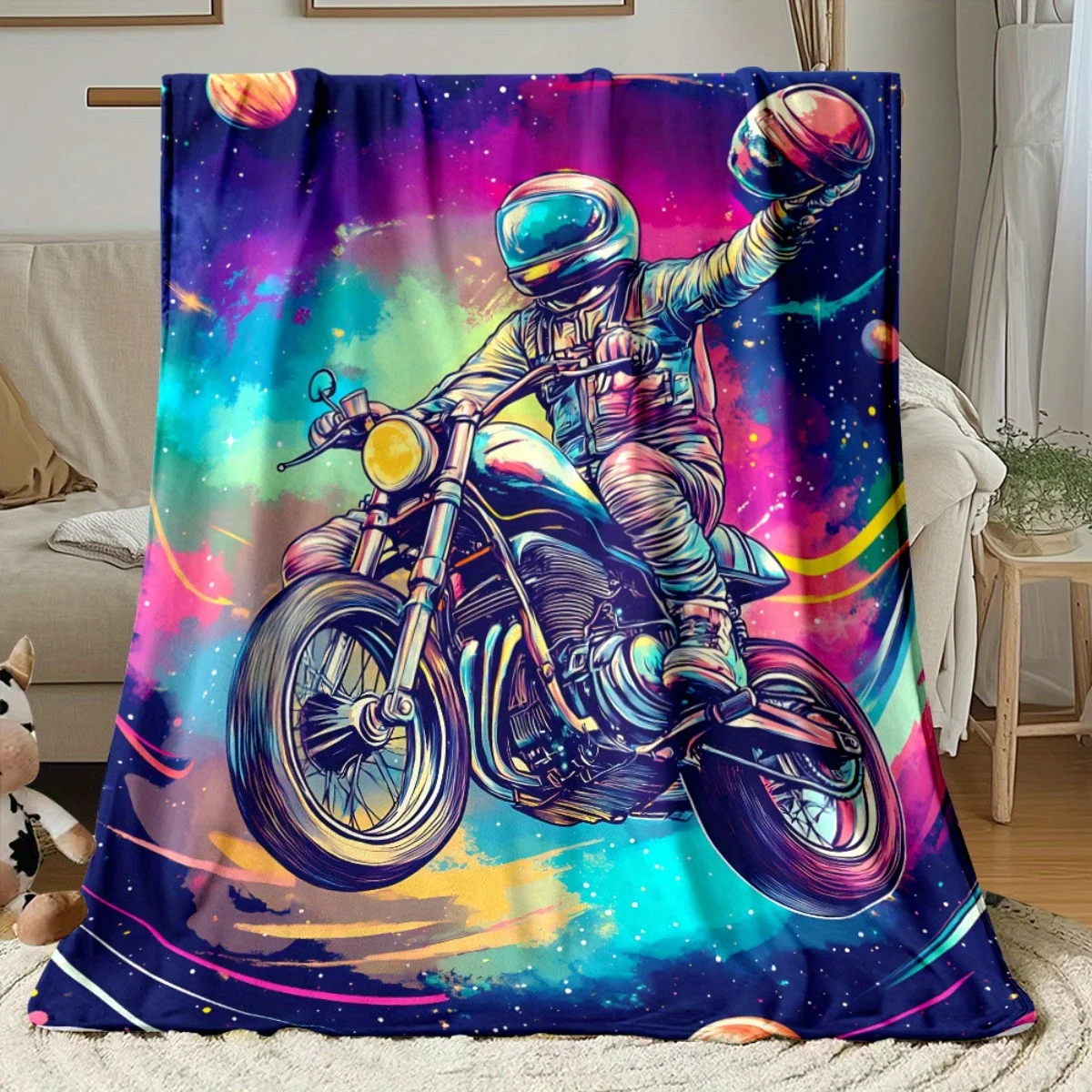 1pc Astronaut Riding Motorcycle in Space Blanket - Lightweight Flannel All-Season Soft Warm Throw for Sofa Bed Camping Travel, V