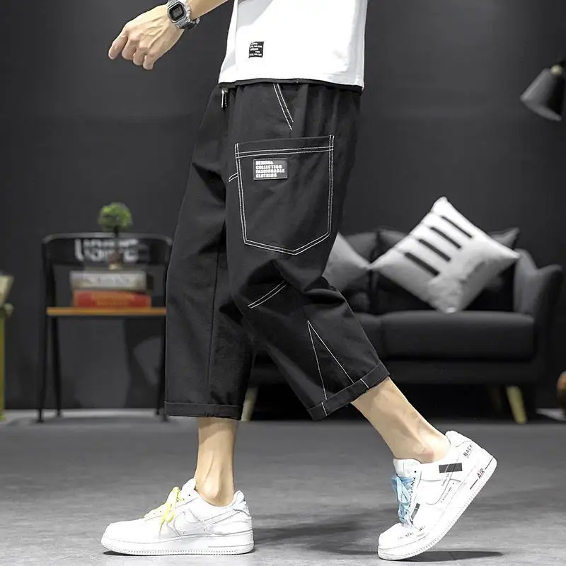 

Men Summer Thin Work Style Loose Straight Elastic Belt Pocket Splicing Casual Nine-point Pants