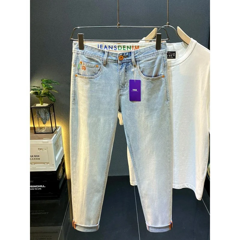Summer Thin Cool Pants For Men'S American Casual Slim Fit Straight Tube Light Blue Washed Cotton Versatile Denim