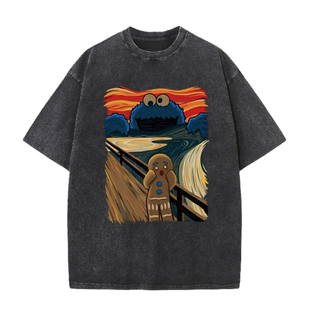 2026 Vintage Washed Black T Shirt Funny Art Parody Monster Gingerbread Man Graphic Tee Unisex Casual Top