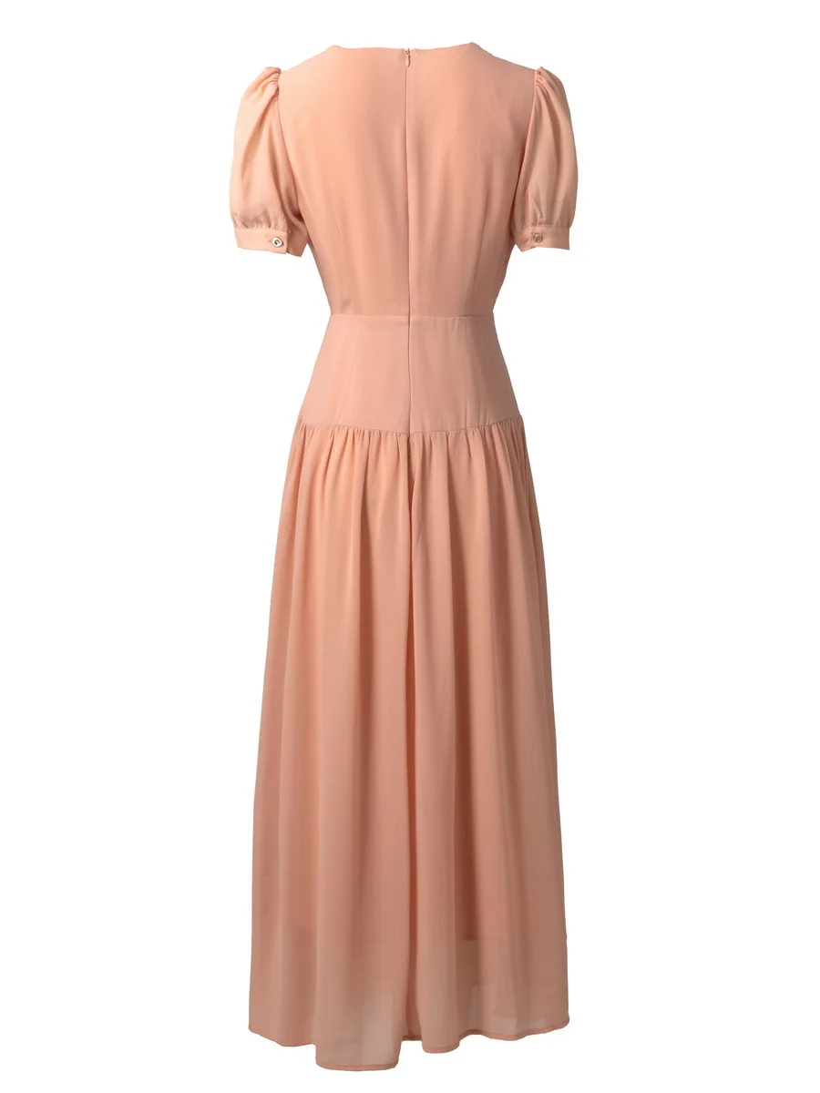 

European and American women's clothing 2025 summer new Short-sleeved V-neck Nail drill solid color Fashion pleated dress XXL