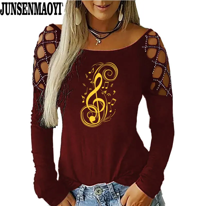 Musical Note Music Tide Casual Fashion Women O-Neck T Shirt Print T-Shirt Long Sleeves Funny T Shirts clothes Top Tees