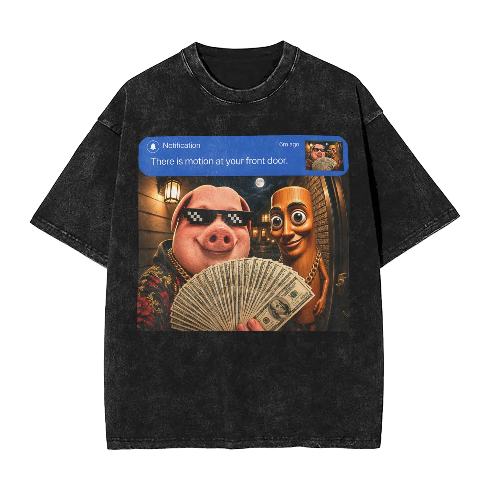There is Motion at Your Front Door Tung Tung Tung John Pork Men T Shirts Washed Vintage Tee Shirt Short Sleeve Crewneck T-Shirt