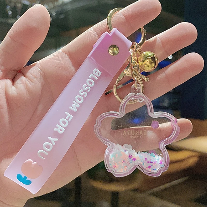Fashion Flower Type Quicksand Hourglass Sakura Bottle Key Chain Girl Bag Pendant Cartoon Cherry Blossom Sequins Liquids Keychain