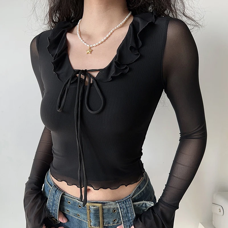 HELIAR Women Black Mesh Sexy T-shirt V-Neck Ruffles Lace-up Sweet Crop Top Long Sleeve Slim Streetwear Shirt Thin Tee Spring