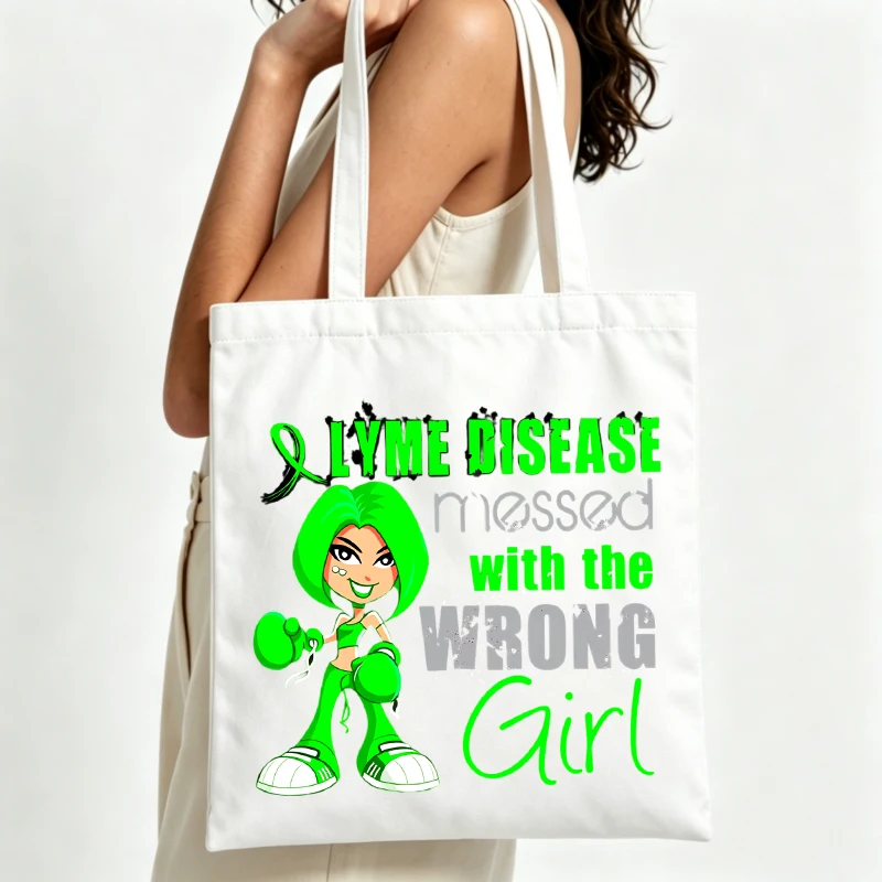 Women's green ribbon and slogan-style graphic canvas tote bag, casual style for daily shopping