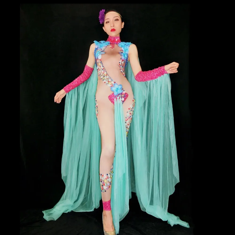 

Colorful Crystal Flower Trailing Jumpsuit Women Singer Leading Dance Concert Performance Stage Wear Party Drag Queen Costume