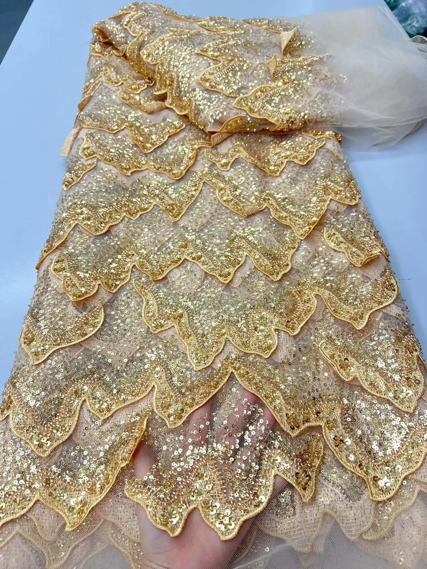 Luxury African Sequins Beaded Lace Fabric High Quality Groom Nigerian Wedding Bridal Embroidery French Tulle Sewing Materials