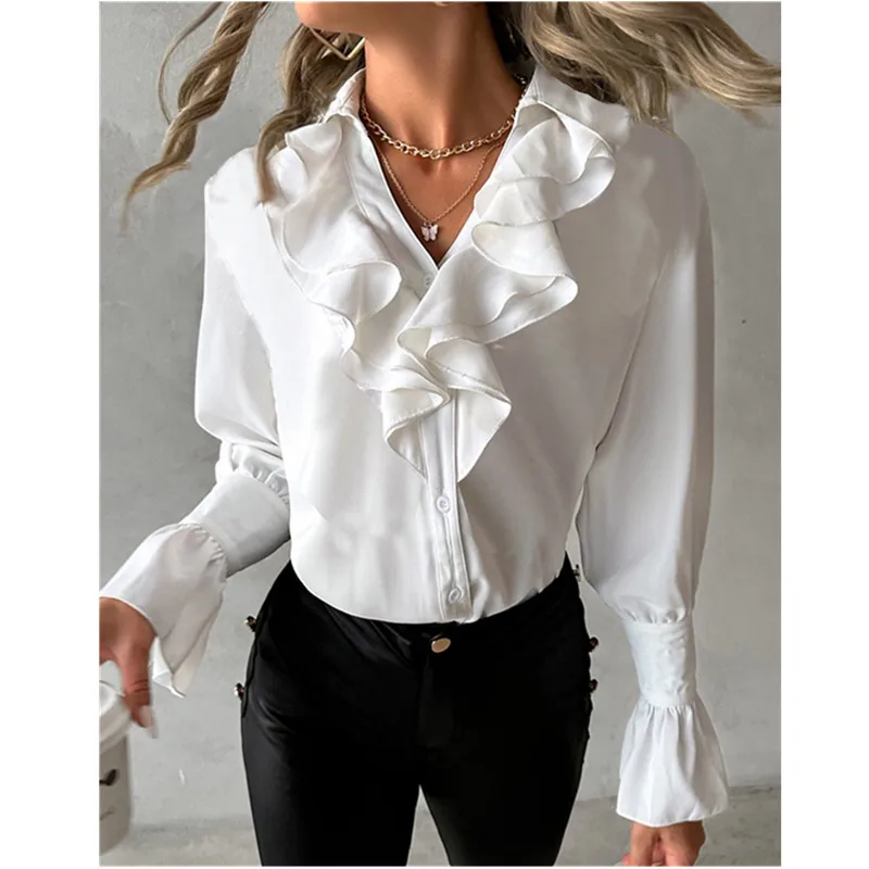 Fashion Office Lady Work Solid Color Shirt Tops Sweet Ruffled Splice Long Sleeve V-neck Tops 2025 Spring New Casual Women Blouse