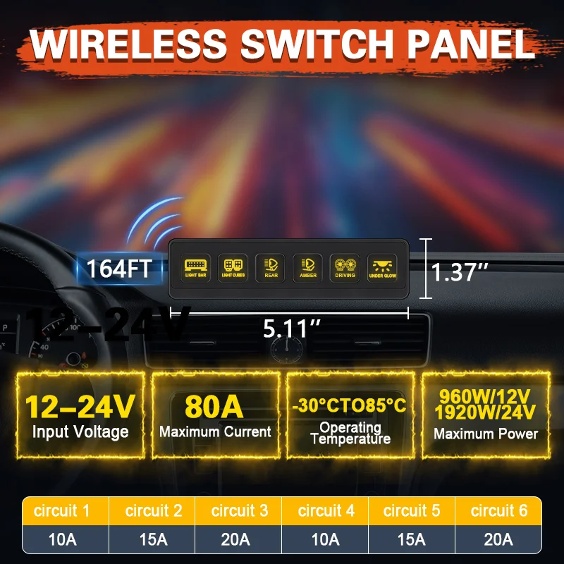 6 Gang Wireless Switch Panel Auxiliary Car Swtich Panel Toggle/Momentary/Flash/Strobe 12V 60A ON-OFF Relay Switch Box