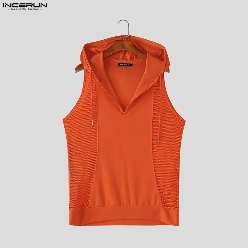 INCERUN Men Tank Tops Mesh Patchwork See Through Hooded Sleeveless Male Vests Summer Streetwear V Neck Stylish Men Clothes Tops