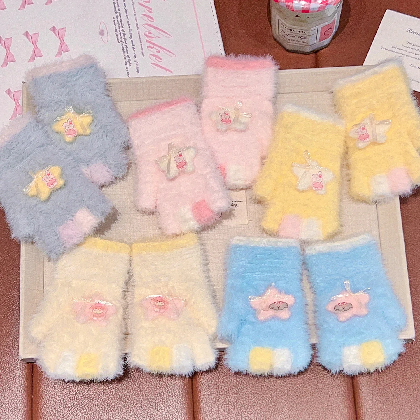 3-6 Year Kids Girls Winter Fuzzy Plush Full Finger Gloves Cute Star Bow Cartoon Decor Thermal Windproof Children Knitted Gloves