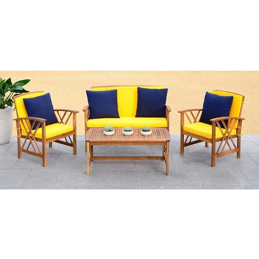 Outdoor Collection Fontana Natural/ Yellow Cushions/ Navy Pillows 4-Piece Conversation Patio Set