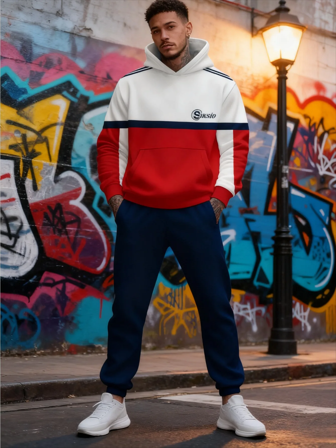 طقم بغطاء للرأس عصري مطبوع رقميًا للرجال مكون من قطعتين #2